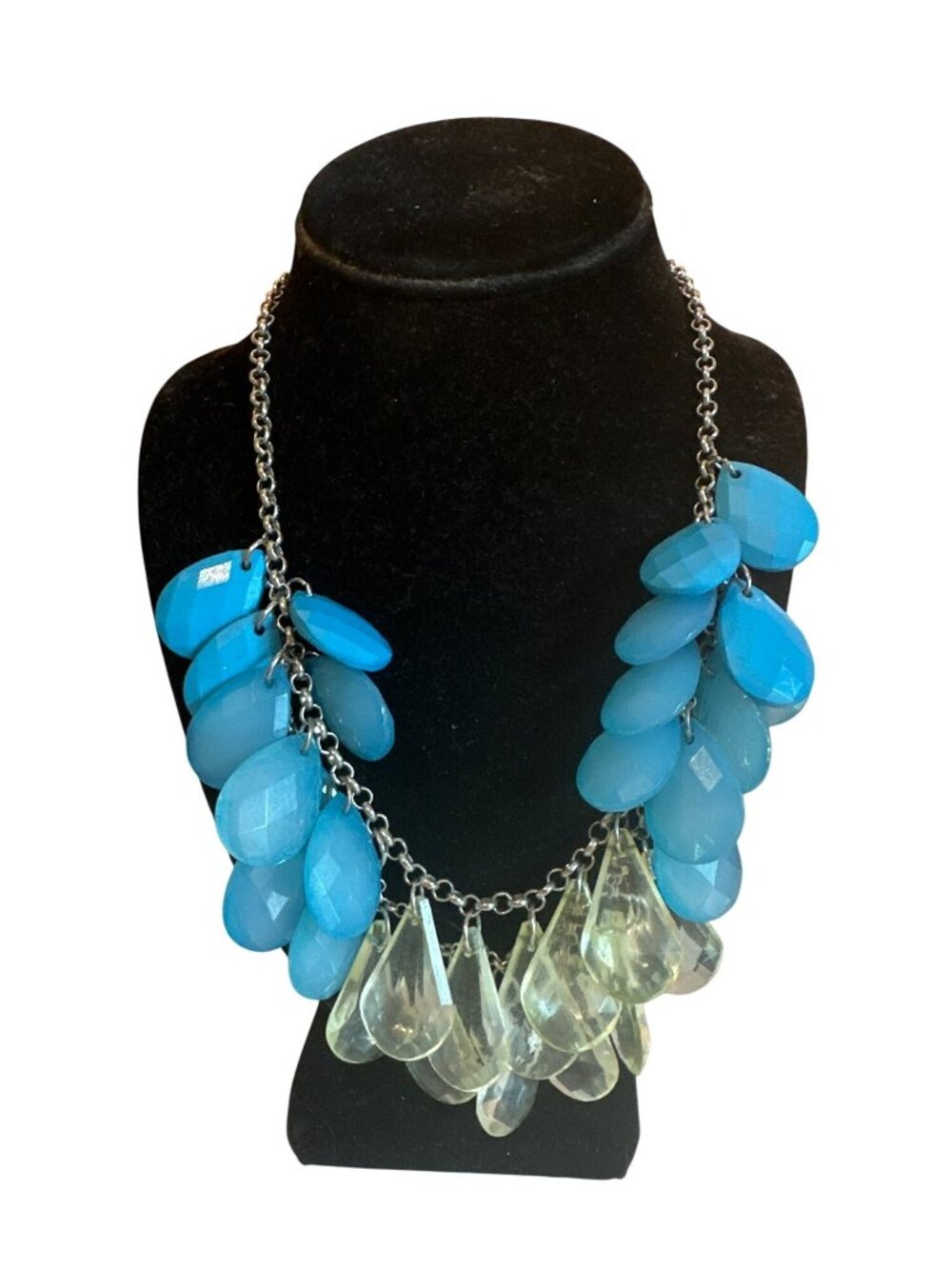 Statement Necklace  Blue & Clear Teardrop Beads Silver-Tone Career Bib Chunky
